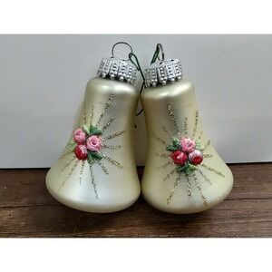 West Germany German Gold Brocade Flower Blown Glass Bell Ornament Cottagecore